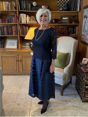 Alex Evenings Navy Lace Top with Sheer Striped Navy Midi Skirt